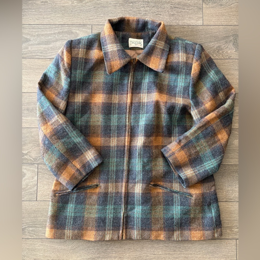 Vintage Plaid Pea Coat in Teal, Brown & Mustard - Picture 2 of 10